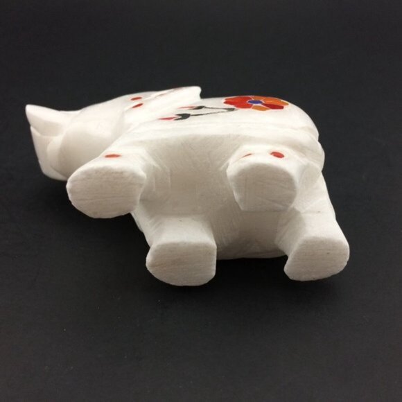 White Marble Elephant Figurine with Stone Inlay Floral Motif Trunk Up Handmade - Picture 9 of 16